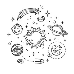 hand drawn solar system with sun, planets, asteroids and other outer space objects. cute and decorat
