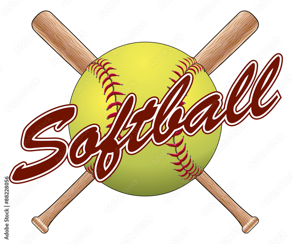 Softball Team Design is an illustration of a softball design with a softball,  crossed bats and the word softball. Stock Vector | Adobe Stock, image size:1000x833