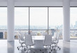Panoramic conference room in modern office, New York city view. White chairs and a white round table. 3D rendering.