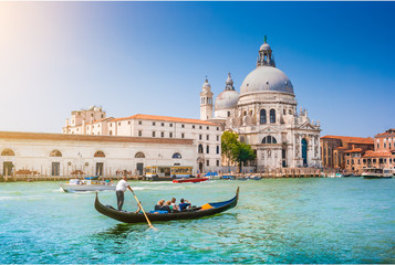 Gondola on Canal Grande with Basilica di Santa Maria della Salute, Venice, Italy