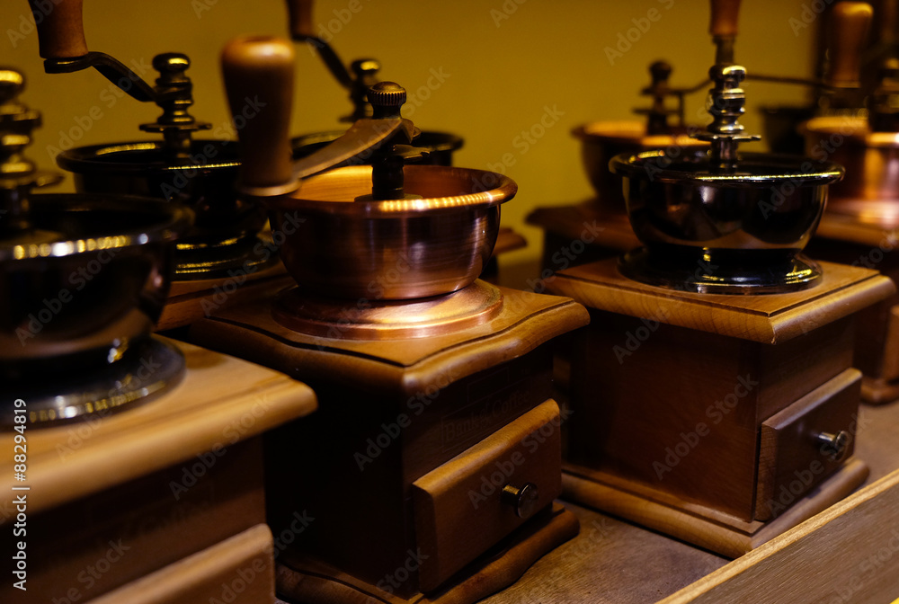 Retro coffee gingers on shelf in shop