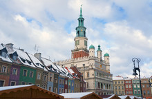 Snow-covered Old Market Square And City Hall In Poznan .