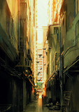 Fototapeta Uliczki - digital painting of long narrow alleyway at sunset,illustration