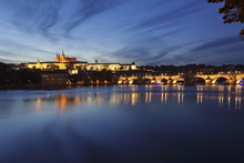 View Over The River Vltava To Charles Bridge And The Castle District With St. Vitus Cathedral And Royal Palace, Prague, Bohemia, Czech Republic 