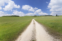 Path Through A Meadow With Cumulus Clouds, Swabian Alb, Baden Wurttemberg, Germany