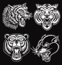 Black And White Hand Drawn Tattoo Style Animal Faces