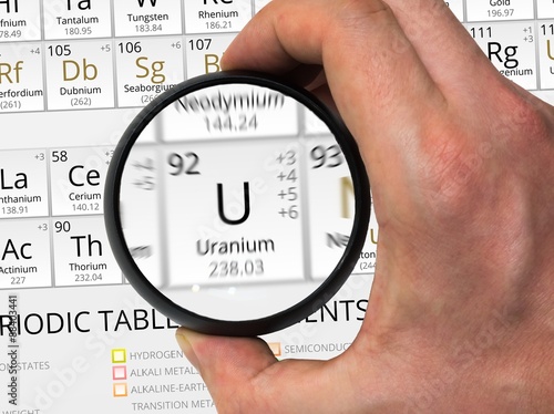 Fotografia Uranium symbol - U. Element of the periodic table zoomed with ma