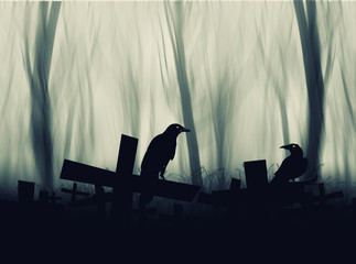 Wall Mural - Crow sitting on a gravestone silhouette abstract background.