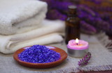 Fototapeta Lawenda - Lavender spa with sea salt and dried lavender
