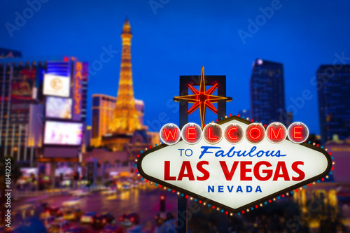 Welcome to fabulous Las vegas Nevada sign with blur strip road b Poster