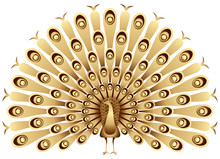 Peacock Raises His Feathers In Gold, Vector Illustration Of The Indian Peafowl Golden Sculpture