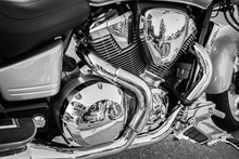 Nice Gorgeous Amazing Closeup View Of Motorcycle Shiny Monochrome Engine And Parts