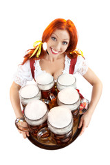 Wall Mural - Happy Woman with Six Glasses of Beer