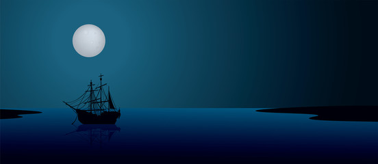 Ship under the moonlight. Night scene landscape illustration