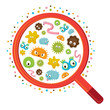 Magnifying Glass look through Germ, Bacteria, Virus, Microbe, Pathogen Characters