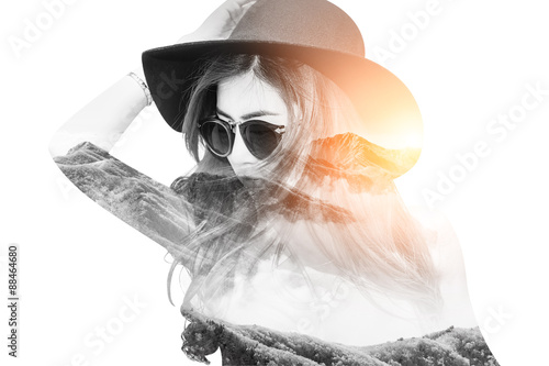 Fotografie, Obraz Double exposure portrait of beautiful girl combined with photogr