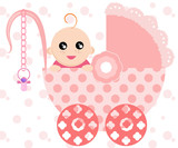 Fototapeta  - Illustration of a cute baby in a pink stroller.