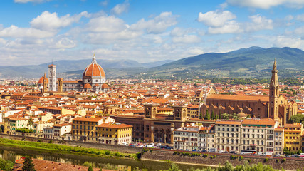 Wall Mural - Florence panorama Cathedral Santa Maria Del Fiore and Basilica di Santa Croce from Piazzale Michelangelo (Tuscany, Italy)