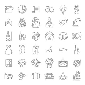 Set of modern flat linear vector wedding icons. Line art conceptual symbols of wedding party for web site, mobile or computer apps, infographic, presentation, promotional materials