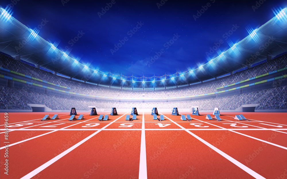 athletics stadium with race track with starting blocks front view - obrazy, fototapety, plakaty 