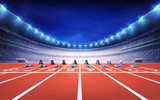 Fototapeta  - athletics stadium with race track with starting blocks front view