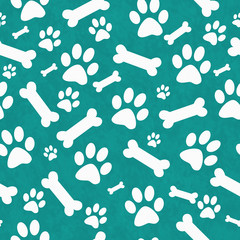 Teal and White Dog Paw Prints and Bones Tile Pattern Repeat Back