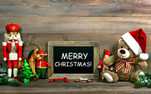 Christmas Decoration With Antique Toys And Blackboard