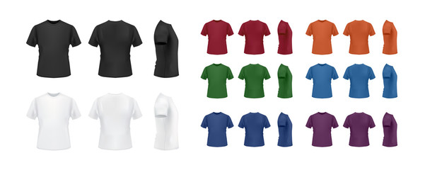 t-shirt template colorful collection isolated on white background, front, side, back view.
