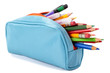 Pencil case full of crayons and pencils isolated on white background photo