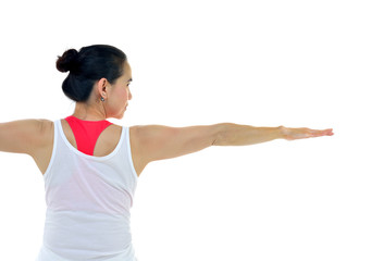 Middle aged woman exercising and stretching isolated on white background