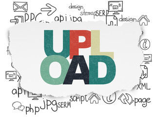 Web development concept: Upload on Torn Paper background