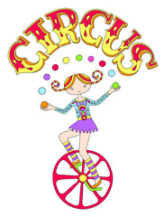 Canvas Print - teenage girl juggler on unicycle with inscription CIRCUS