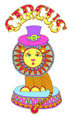 Canvas Print - colored line art drawing of circus theme - lion in a hat with in