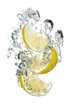 Three slices of lemon falling into water