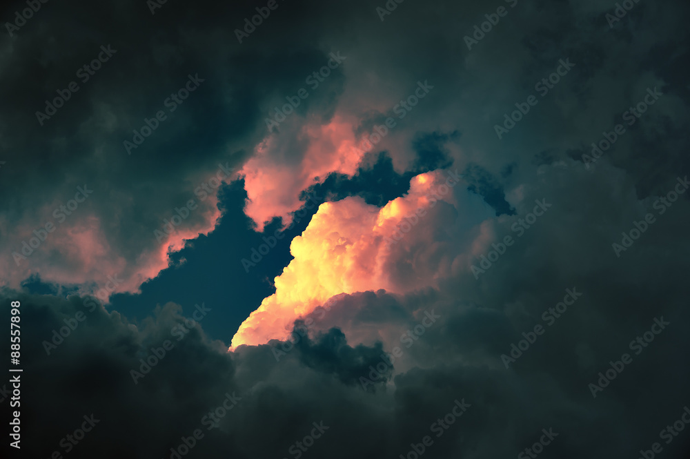 cloudscape at sunset with red cloud - obrazy, fototapety, plakaty 