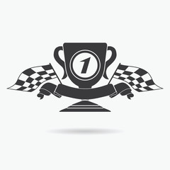 Flag icon. Checkered or racing flags first place prize cup and finish ribbon. Sport auto, speed and success, competition and winner, race rally, vector illustration