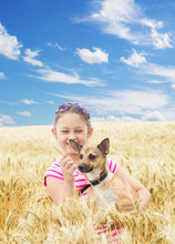 Kid And  Dog In Wheat Field