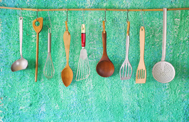 Wall Mural - hanging vintage kitchen utensils, cooking concept,copy space