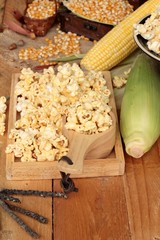 Canvas Print - Popcorn and yellow dry corn grain with fresh corn.