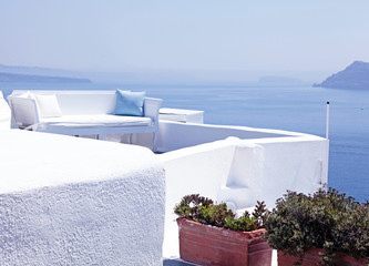  The sea view terrace with white sofa, Santorini, Greece