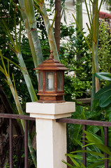 Wooden lantern in a park.