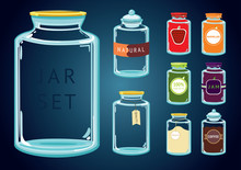Glass Jar Set. Set Of Empty And Full Glass Jars With Different Content And Labels. Without Using A Transparency Effect. Just Put Something In A Jar.