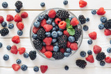 Healthy mixed fruit and ingredients from top view
