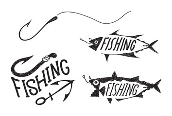 Wall Mural - fishing symbol, illustration fishing sketch design hook fish and fishing character