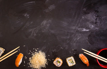 Wall Mural - Sushi set on dark background. Minimalism