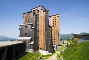 Poster -  Strange wooden  buildings in  Avoriaz , French mountain resort, in the middle of the Porte du Soleil , Alps Mountains.