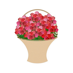 Basket of flowers on a white background. Large basket of red ros