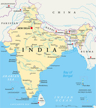 India Political Map With Capital New Delhi, National Borders, Important Cities, Rivers And Lakes. English Labeling And Scaling. Illustration.
