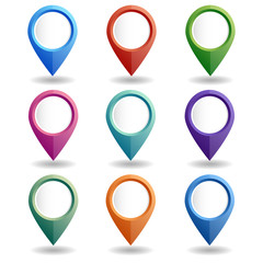 Vector illustration. Set of multi-colored map pointers. GPS location symbol. Flat design style.  Collection of blank markers for your targets, signs and icons.