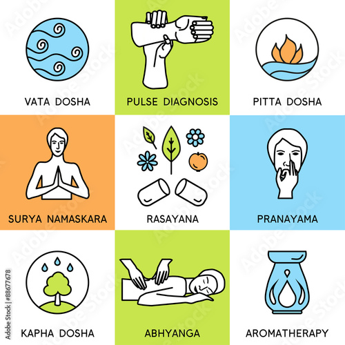 Set linear icons for ayurveda design. Ayurveda vector illustration